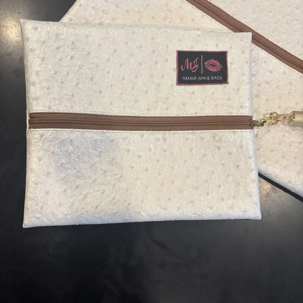 Makeup Junkie NWOT Medium And Small MJ Bag In Faux Ostrich Pearl Girl Color way